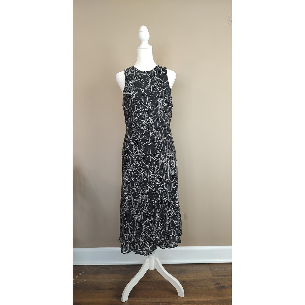 Lauren Ralph Lauren Black White 100% Silk Tropical Floral Midi Dress‎ Womens L